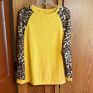 Women’s Yellow Thermal Top with Leopard-Print Sleeves